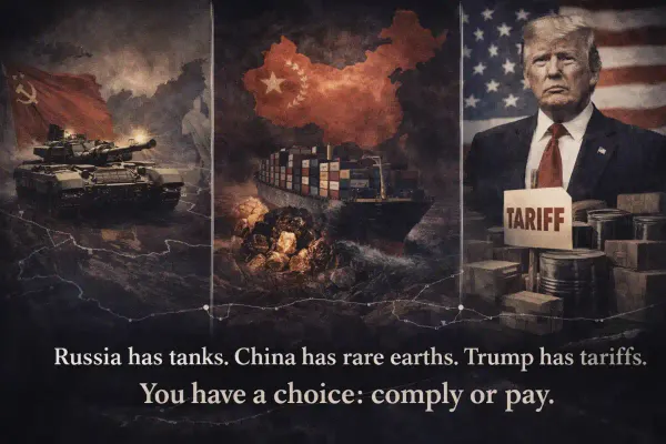 Conceptual image representing imperial coercion patterns across Russia, China, and the United States in 2026,  economic warfare, military threats, and trade policy as tools of dominance
