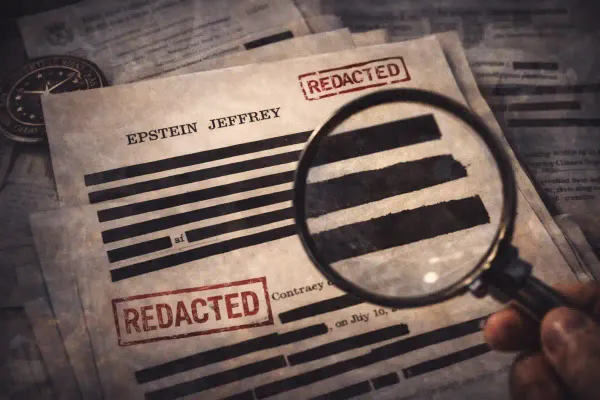 Redacted document aesthetic. Black bars over text.