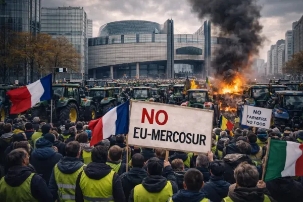 European farmers protest EU-Mercosur trade deal with tractors surrounding European Parliament in Strasbourg, January 2026