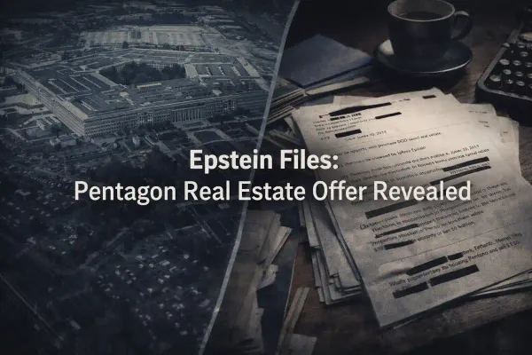 Pentagon building aerial view with overlay text showing Epstein files revelation about DOD real estate offer
