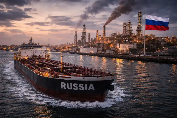 Large oil tanker marked “Russia” sailing past refinery infrastructure and storage tanks at an industrial port, symbolizing renewed Russian oil exports following the lifting of U.S. sanctions.