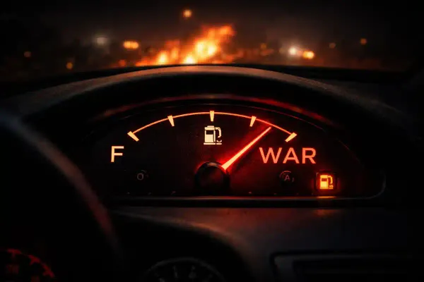 Close-up of a car dashboard at night with the fuel gauge needle pointing toward a label reading “WAR” 