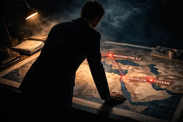 A silhouetted man in a suit leans over a table studying a map of the Middle East, with glowing red lines connecting Washington D.C., Jerusalem, and Tehran