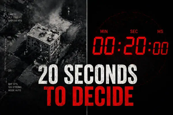 A split image shows a drone-style aerial targeting view of a damaged building on one side and a digital countdown clock displaying 20 seconds on the other