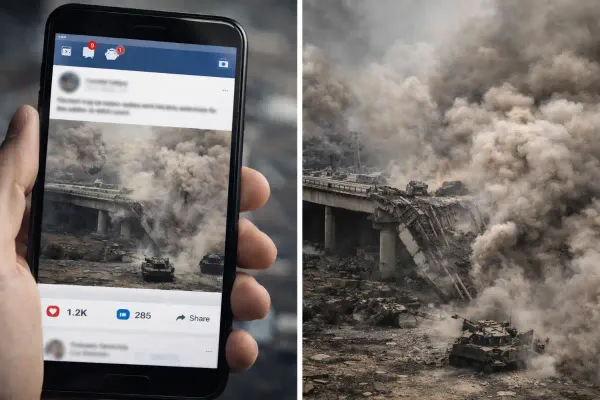 Split image showing war footage on a phone screen with social media notifications versus the raw reality of destruction
