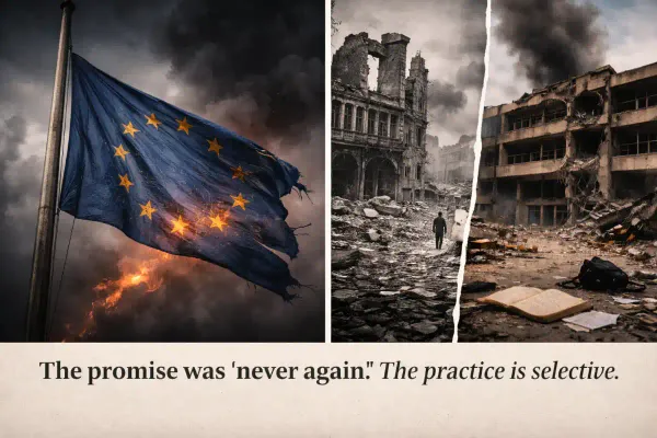 A split image shows black-and-white ruins of postwar Europe on one side and a modern bombed university in color on the other