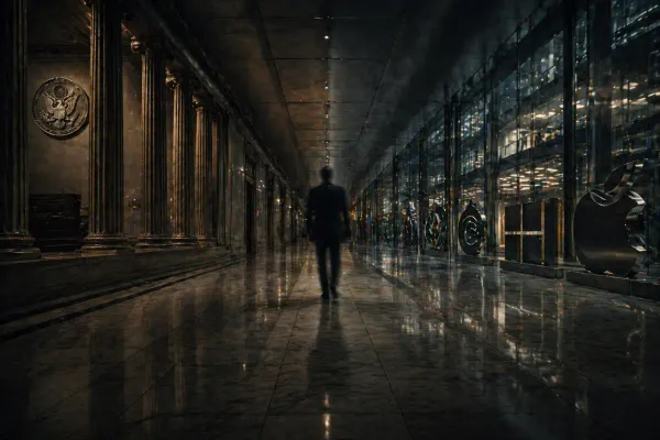 A long corridor connects a classical government chamber with columns on one end to a modern glass-walled corporate atrium on the other.