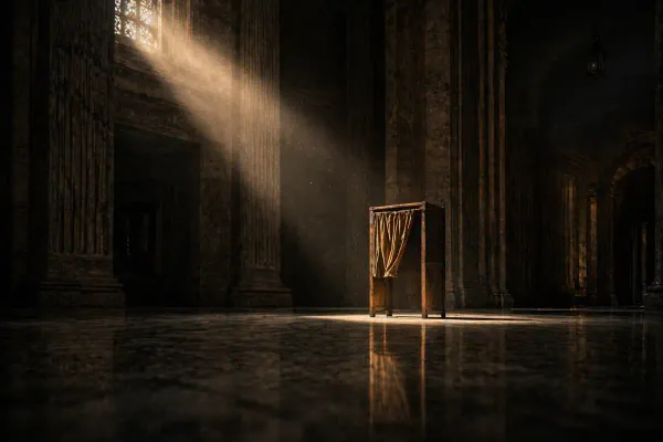 A lone wooden voting booth stands in a vast, dimly lit marble hall, illuminated by a single beam of golden light from above, with its curtain partially open revealing no one inside.