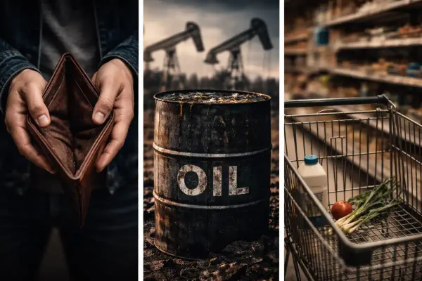 Image shows an empty wallet in a person’s hands, a leaking oil barrel in an industrial setting, and a nearly empty grocery cart in a store aisle
