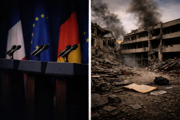 A split image shows empty podiums with microphones and European flags on one side, and a bombed university building with smoke and debris on the other
