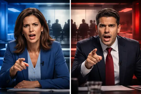 A split-screen image shows two news anchors in separate studios, one in blue tones and the other in red, appearing to argue 