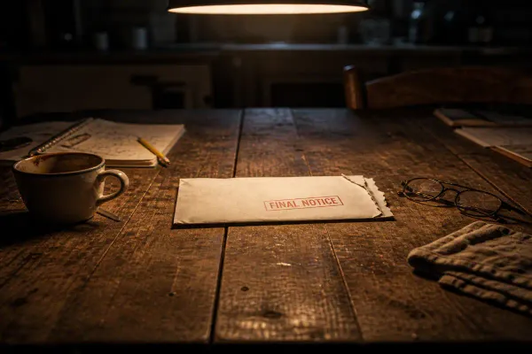A worn wooden kitchen table under dim warm light holds an unopened envelope stamped “FINAL NOTICE"