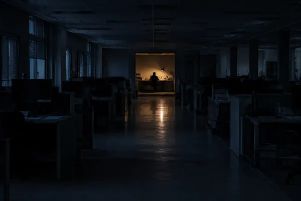Hollowed-out newsroom with empty desks and one journalist working alone, illustrating the collapse of institutional journalism in 2026.