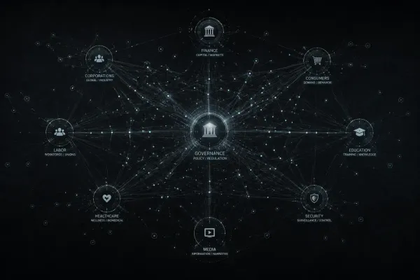 Abstract network diagram showing connected nodes representing overlapping institutional power, dark background with faint connecting lines.