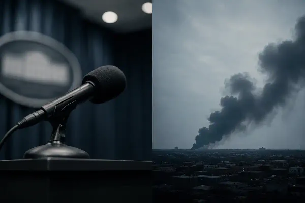 A split image shows a press microphone on a podium in cool blue tones on one side and a distant city skyline with a large plume of dark smoke rising