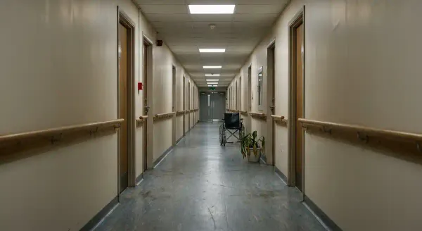 An empty institutional corridor in a European residential care building, photographed in flat fluorescent light. Wooden handrails run along both walls. Closed doors line each side.