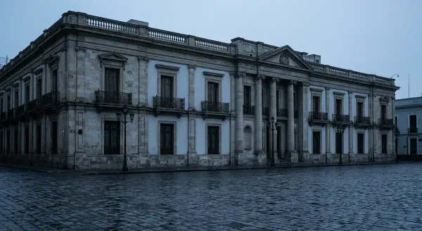 A colonial-era Latin American presidential palace photographed in cold pre-dawn light.