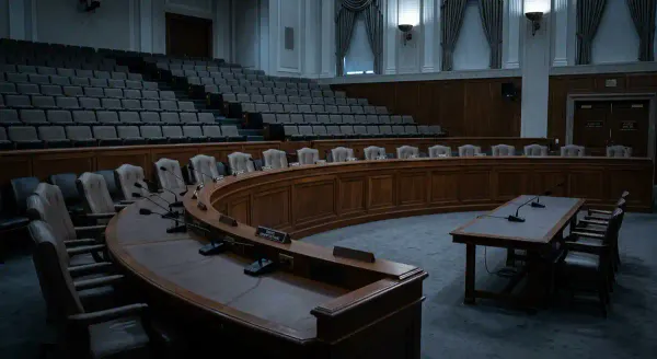 An empty Senate hearing room, the institutional setting where the qualification standard is normally enforced. Reinforces the bypassed-confirmation argument.