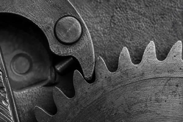An industrial mechanical ratchet, close-up, in black and white, a wheel with teeth, locked against backward movement by a small pawl.