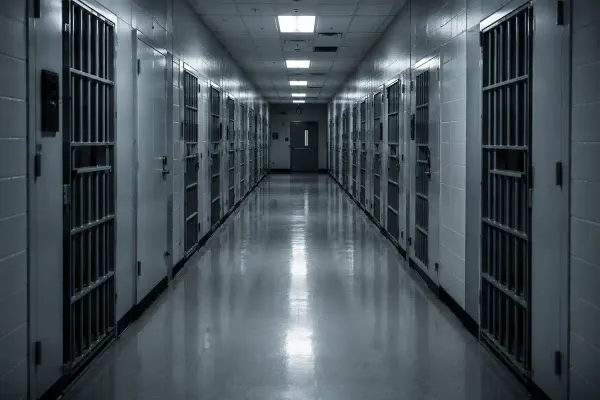 An empty institutional corridor, lit in cold fluorescent light, concrete floor, painted walls, no people, no signage. A generic interior of an unidentified government or detention facility.