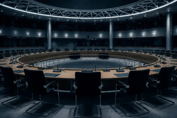 An empty European Council chamber, photographed without delegates, round table, flags, vacant chairs.