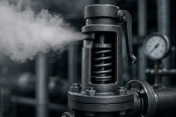 A close-up of an industrial pressure-relief valve, photographed in black and white,  heavy cast metal, riveted housing, a single output channel for discharged pressure.
