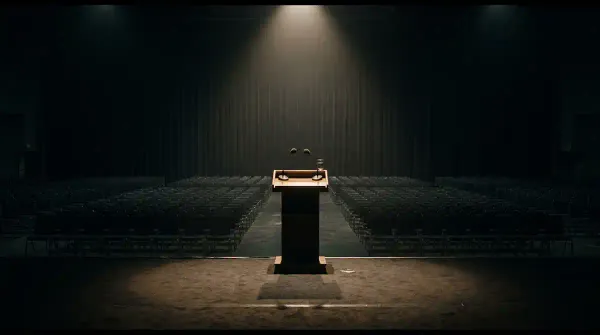 Empty party-conference stage, podium, microphones, dark hall, no branding