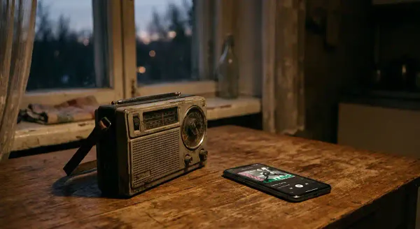 An old transistor radio on a worn wooden kitchen table in dim warm light, with a modern smartphone lying beside it, screen dark. Documentary still-life photograph, no people visible.