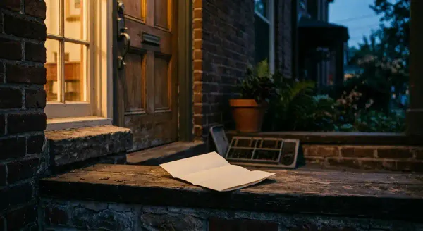 A folded legal document resting on a residential doorstep in dim evening light. No text is legible, no people are visible. Documentary still-life photograph.