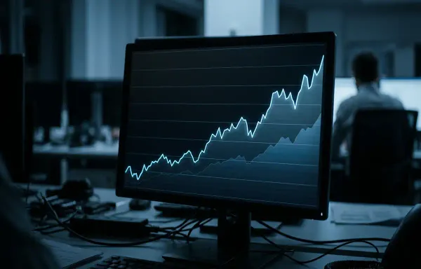 An abstract upward-trending financial chart on a dark screen in cold blue-grey light, with faint grid lines and no readable numbers. Corporate, restrained still image.