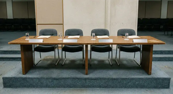 An empty institutional conference dais in cold flat light. A long table with blank nameplate holders and empty chairs behind it. No people, no text, no signage.