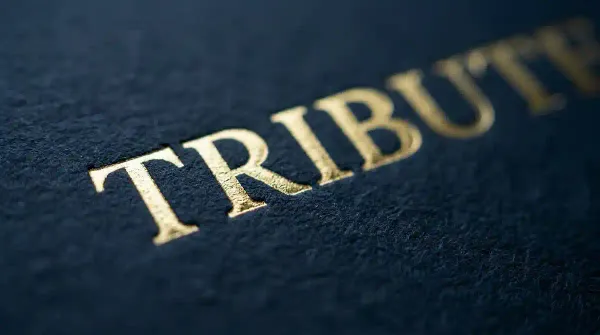 An extreme close-up of the word TRIBUTE embossed in gold serif capitals on dark navy book cloth, photographed at a shallow angle in raking light. 