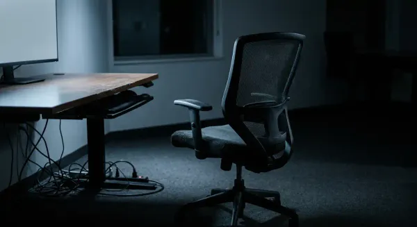 An empty office chair in a dim room facing an unseen monitor, its pale glow lighting one side of the frame. No people, screens or text are visible.