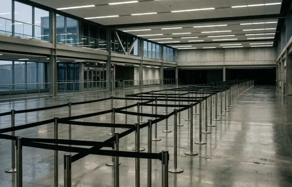 A row of empty retractable queue barriers snaking across a bare floor in a large empty terminal hall under flat overhead lighting. No people, signage or text are visible.