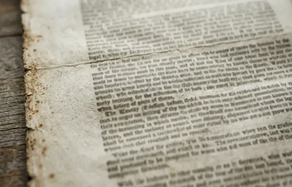 A close-up of an aged legal document page in soft light, with dense typeset paragraphs blurred and unreadable. No words, seals or signatures are legible.