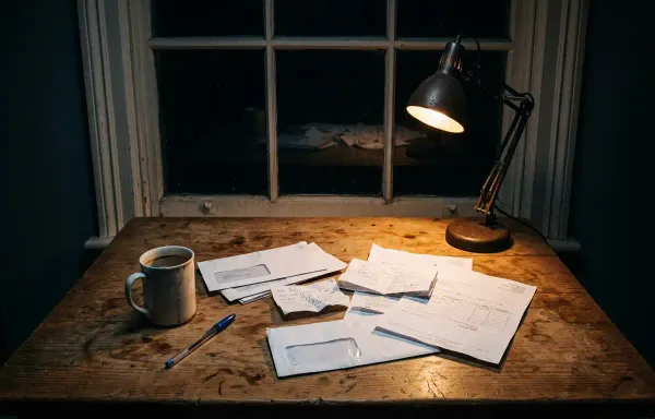 A worn kitchen table at night lit by a single lamp, with unopened envelopes, printed statements, a cold cup of coffee and a pen. No people are visible and no text is legible