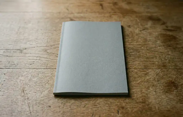 A plain bound report lying closed on a bare wooden desk in flat daylight, with a blank grey cover and nothing else on the desk. No text, markings or people are visible.