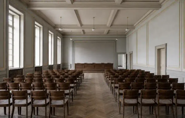 An empty conference hall in an older European public building, with rows of plain wooden seats, tall windows and a low dais at the far end. No people, flags or insignia are visible.