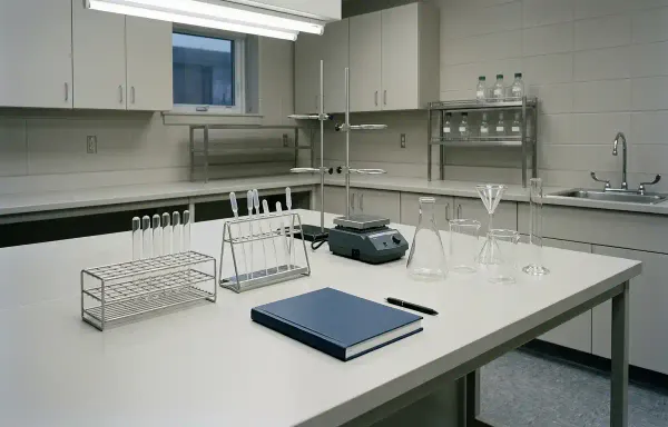 An unattended laboratory bench in cold flat light, with clean glassware, empty racks and a closed notebook. No people, labels or text are visible.