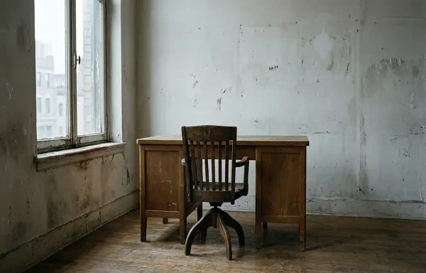 An empty wooden office chair behind a plain desk in a bare room, lit by pale daylight from a single window. The desk is empty and no people, text or signage are visible.