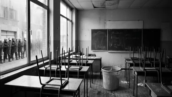 An empty school classroom with stacked chairs and a bucket catching water from a leaking ceiling, with blurred riot police visible through the window.