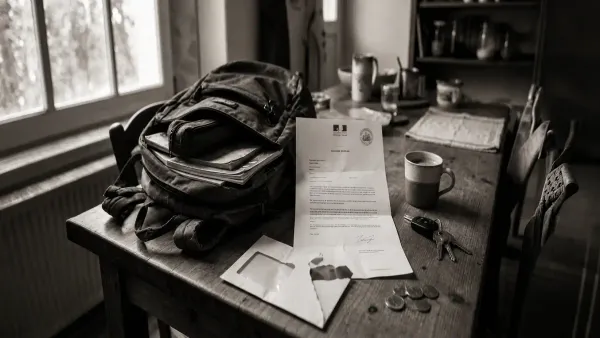 A French administrative demand letter lying on a kitchen table beside a teenager's school backpack.