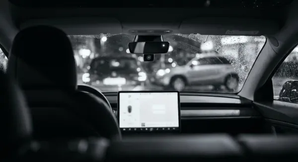 The dark interior of an empty car at night, its dashboard screen glowing and a small camera lens visible near the rear-view mirror.