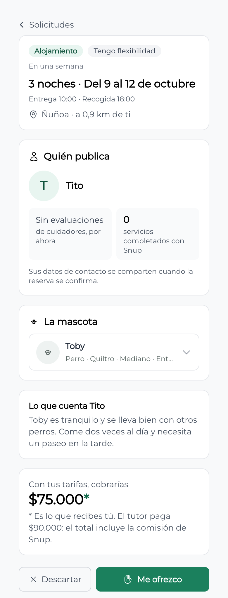 El detalle de una solicitud: quién publica, la mascota y lo que cobrarías
