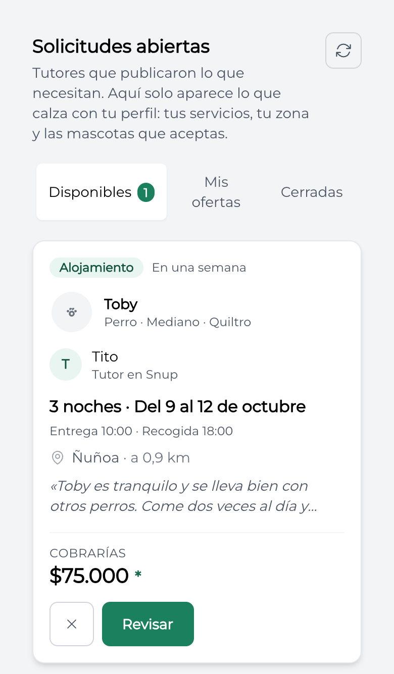 La lista de solicitudes abiertas que ve un cuidador, con lo que cobraría