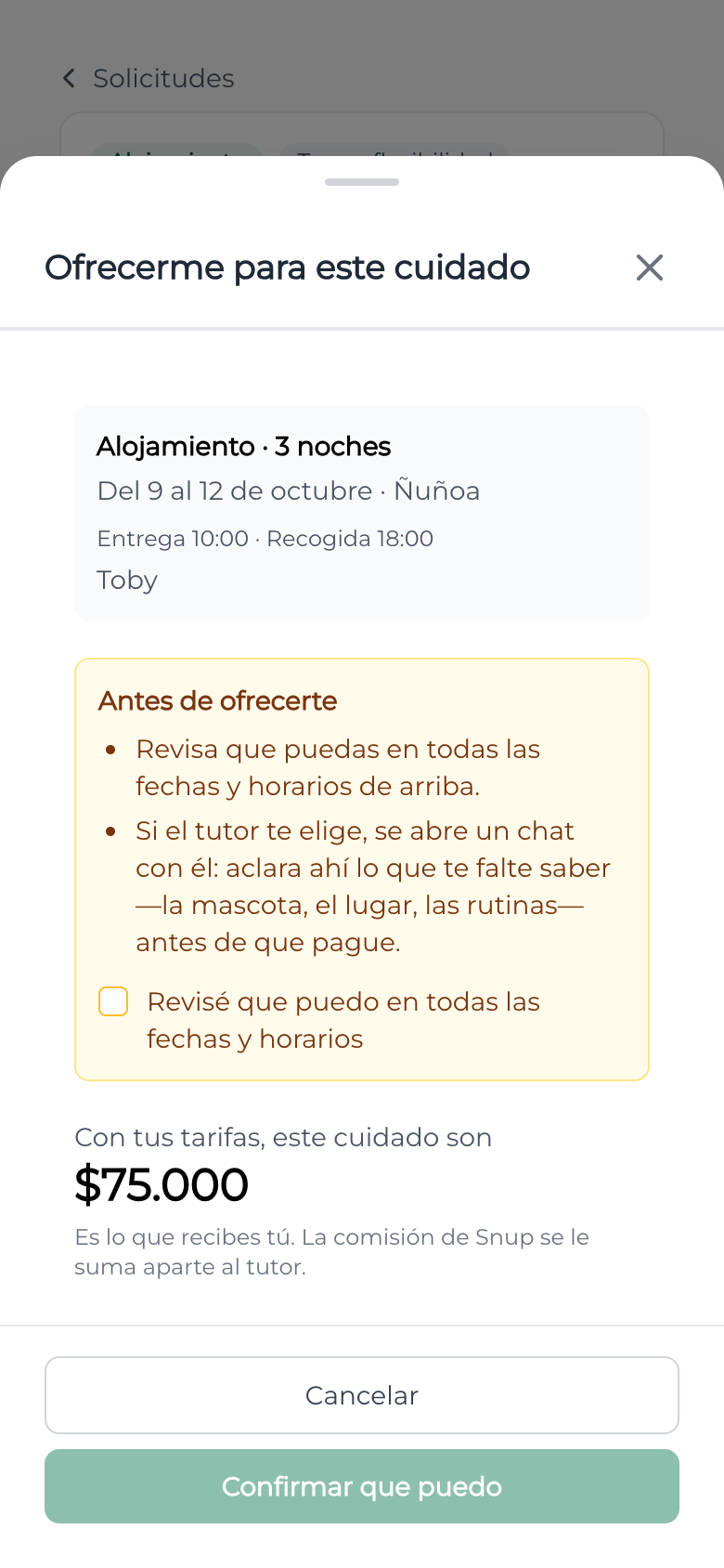 El formulario para ofrecerse, con el aviso de revisar la disponibilidad
