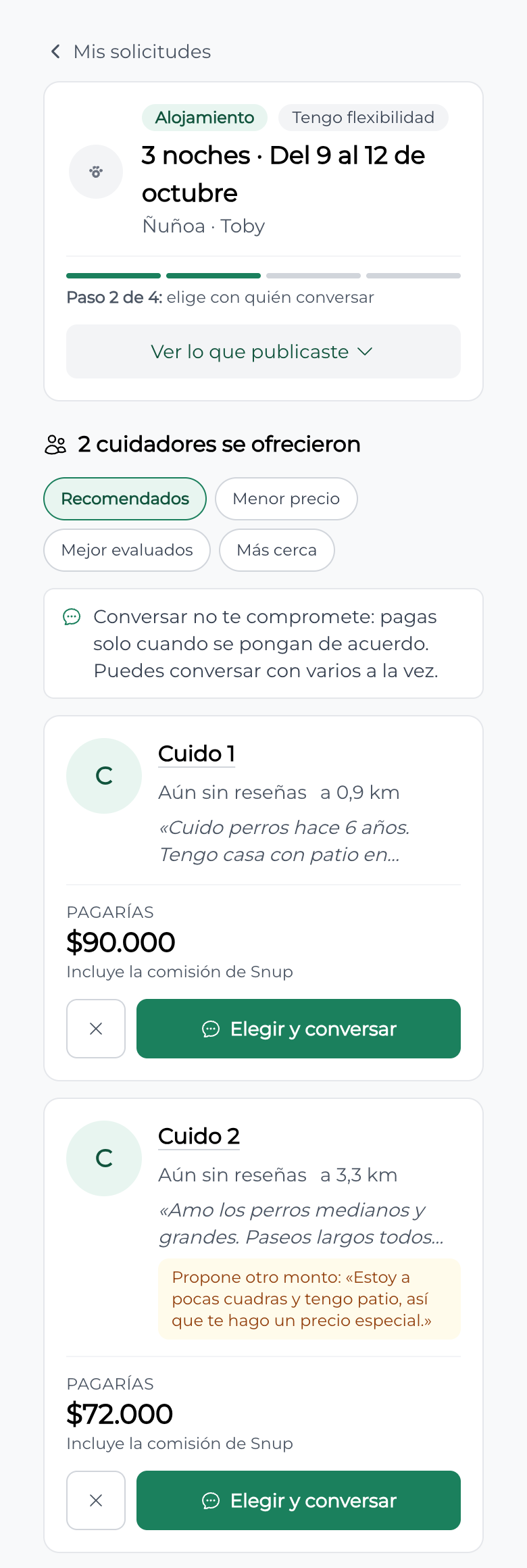 El detalle de una solicitud con dos cuidadores que se ofrecieron, cada uno con su precio