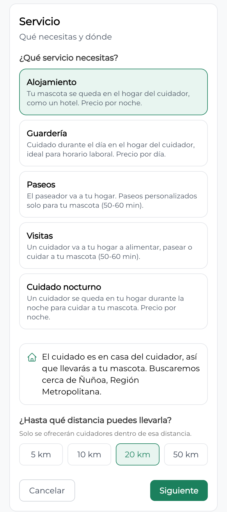 Primer paso para publicar una solicitud: el servicio y hasta qué distancia llevarías a tu mascota