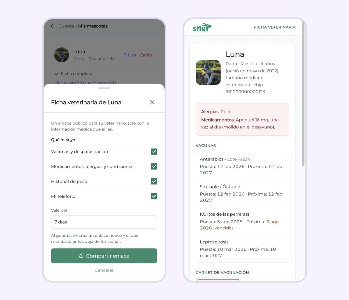 Las opciones para compartir la ficha veterinaria y la página que abre el veterinario