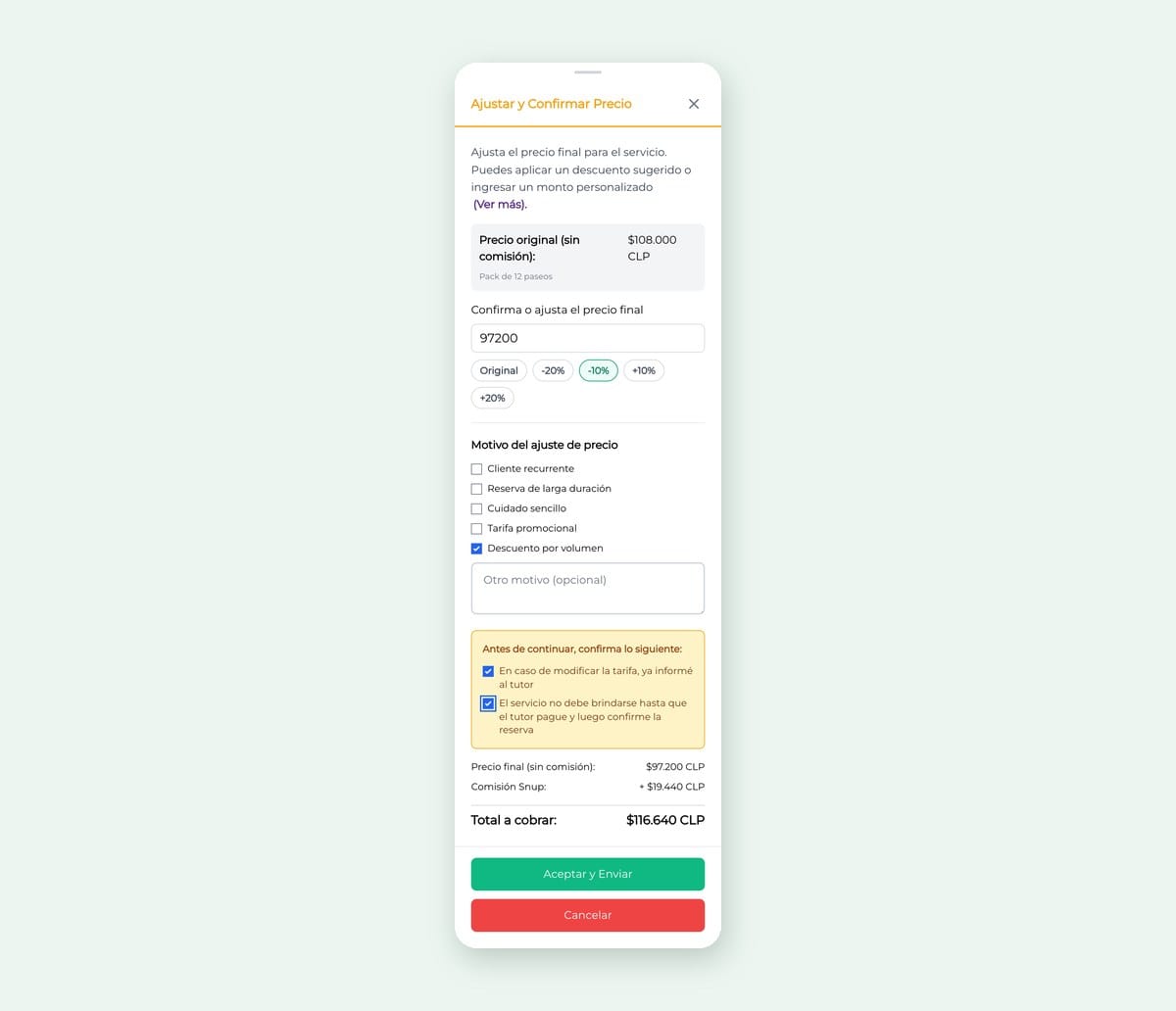 Ajustar y confirmar precio de un pack de 12 paseos: 10 por ciento menos, con el motivo Descuento por volumen